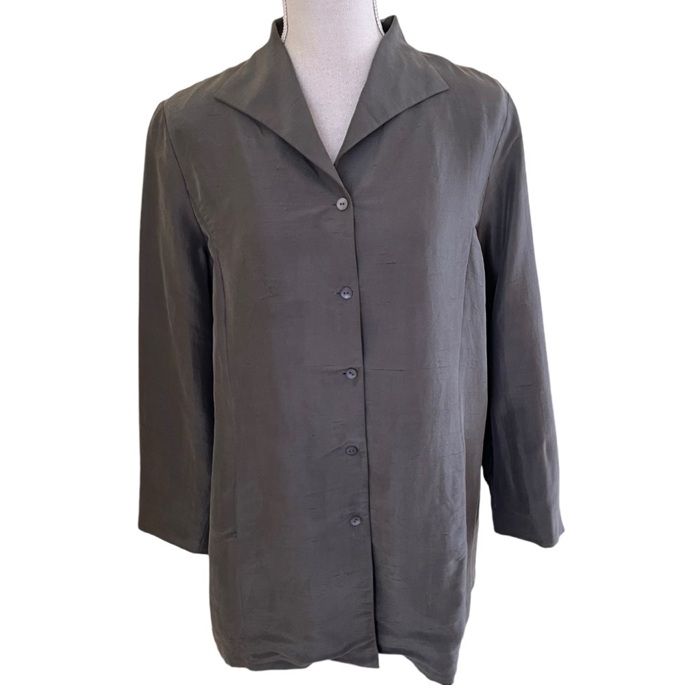 Eileen Fisher Vintage Grey Slubbed Silk Long Blazer/Jacket PL